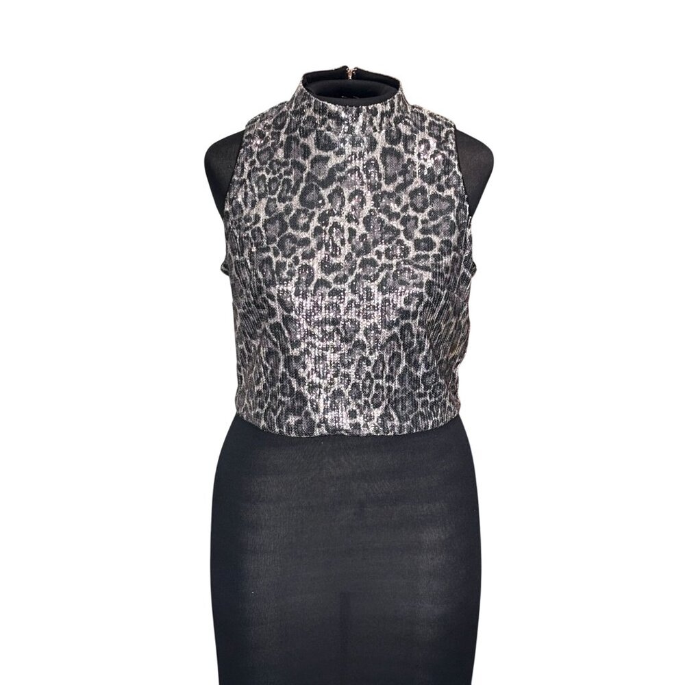 Michael Kors Womens Sequin Leopard Print Sleeveless Crop Top M Polyester